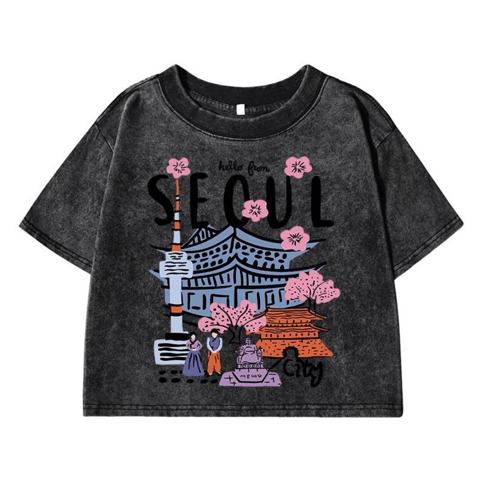 Seoul Beautiful Scenery Printing Female Washed Short T Shirts Breathable T-Shirt Street Clothes Distress Tshirts