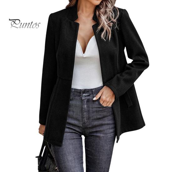 

Женский пиджак с воротником-стойкой, длинный рукав, однотонный, повседневный, свободный, пиджак с карманами, открытый спереди, деловая, официальная верхняя одежда S