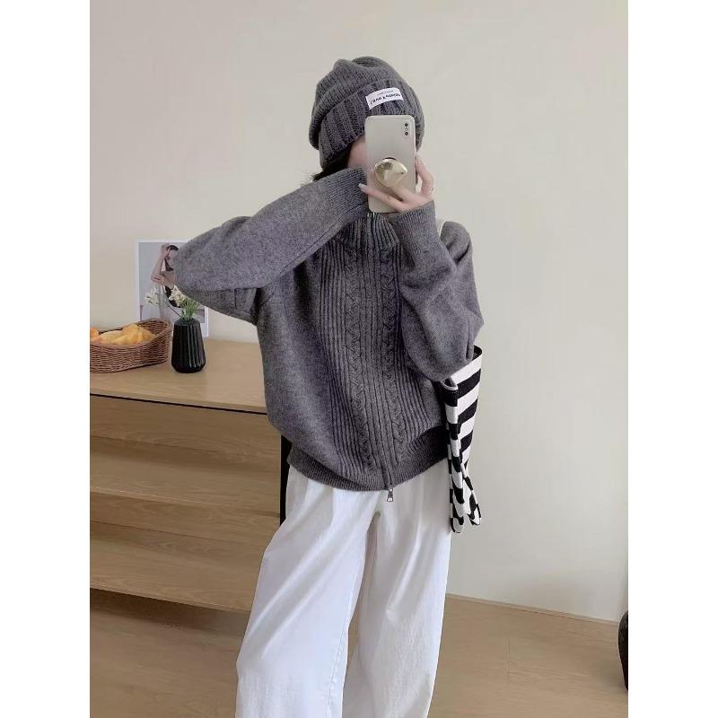 New twist woven stand-up collar double zipper design sense solid color versatile loose cardigan jacket women