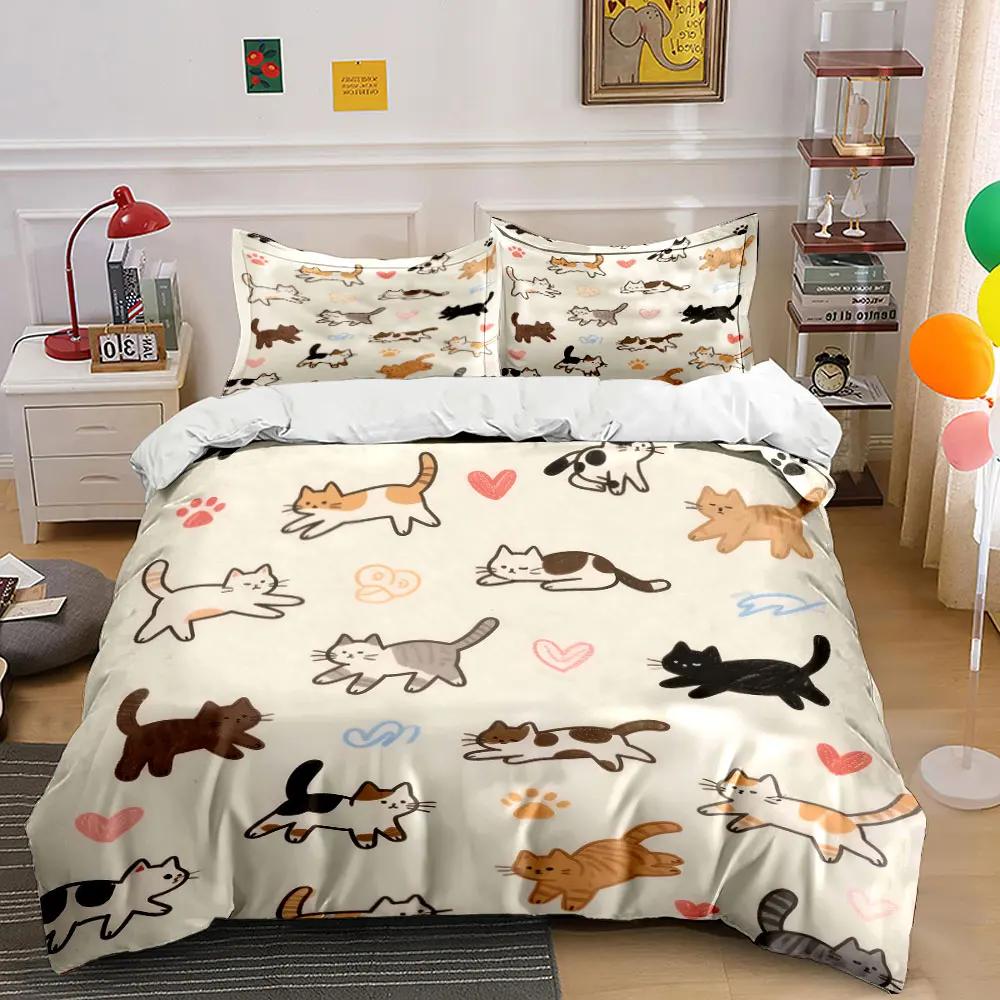 Cute Cat Pattern Decorative Set Bedding Set with 1 Duvet Cover 2 Pillowcases Single Double King Queen Gift
