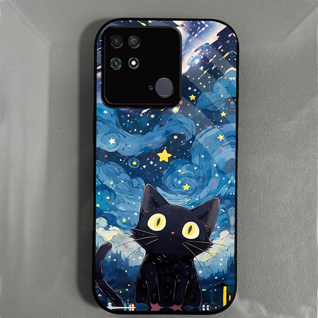 Case for Xiaomi POCO C40 Anime Black Cat Starry Cloud Print Phone Cover Acrylic Hard Back Shell With Flexible TPU Edge