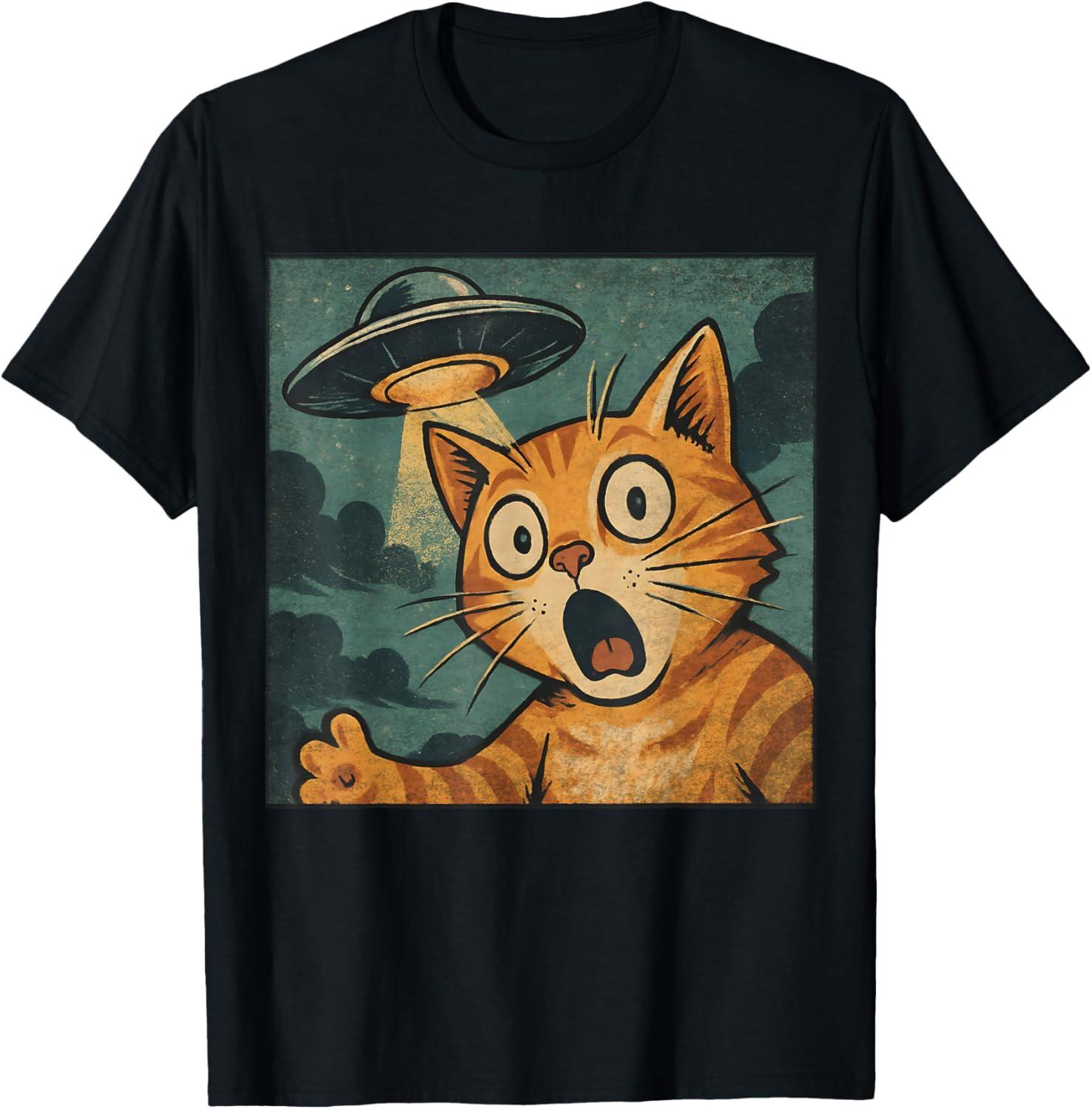 Funny Cat Selfie Alien UFO Retro 70s Cats Lover Vintage Unisex T-Shirt M