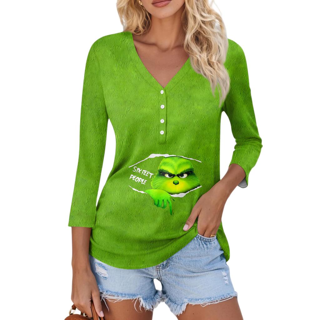 Women's Casual Fashion Sexy Comfortable Christmas Print V-Neck Button Three-quarter Sleeve Top