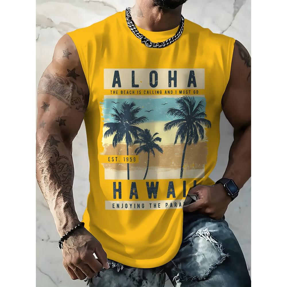 Men s Hawaiian Print Sleeveless Vest - Yellow Retro Hawaiian Shirt with Hawaiian Suitable for s S