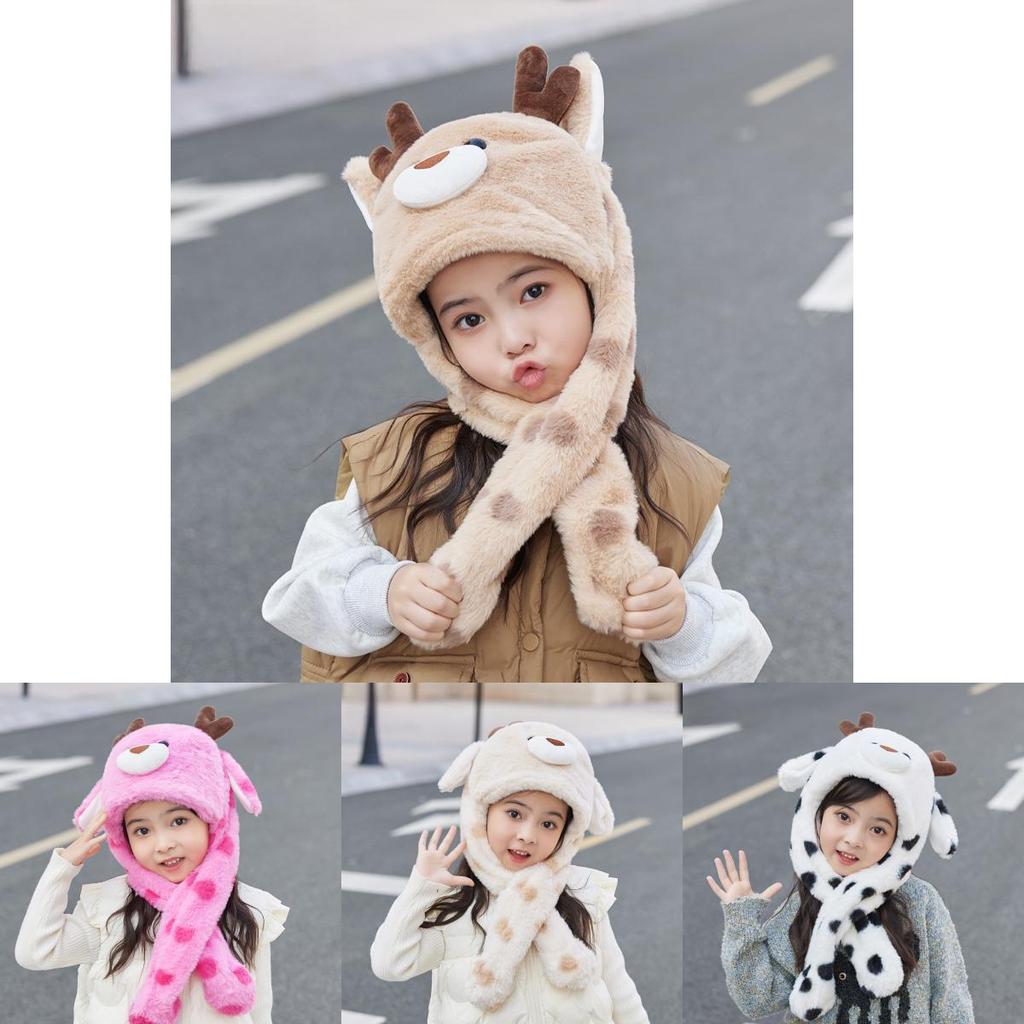 Childrens Cute Cartoon Hat With Moving Ears And Warm Neck Wrap For Snow Days