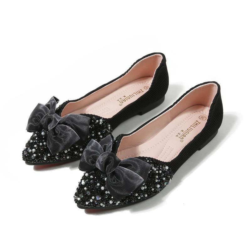 Pantofi simpli de damă de primăvară cu fundă și perle, pantofi simpli de damă plați cu strasuri, pantofi beanie cu vârf ascuțit, pantofi barcă, mărime mare