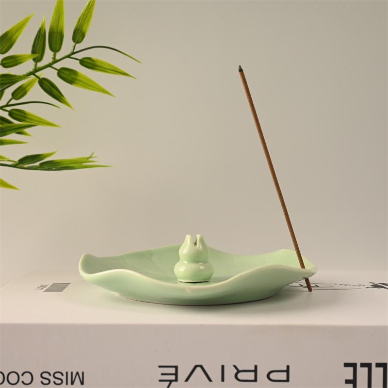 Lotus Leaf Ceramic Incense Holder for Sticks: Sandalwood Burner, Home/Study Room Decor, Tea Ceremony Tray.