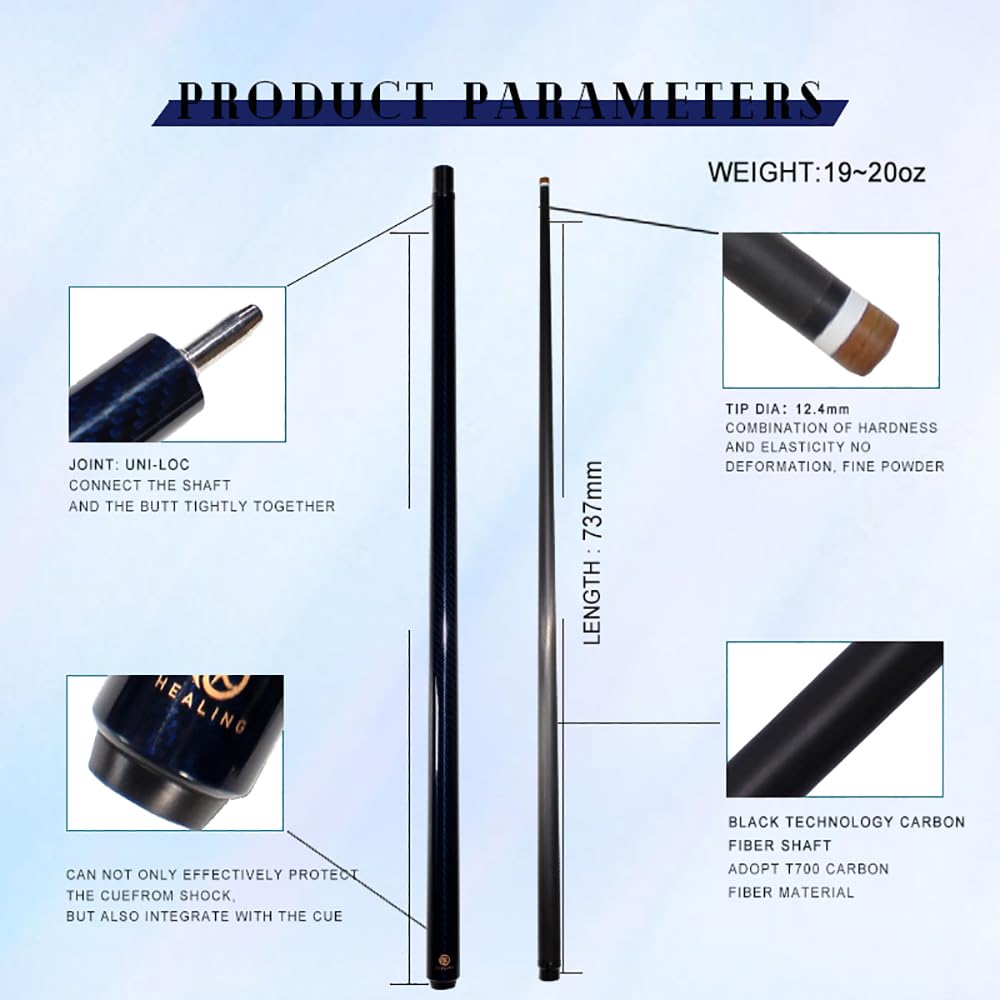 OKHEALING Jointed Carbon Fiber Pool Cue Stick with Tip 58-inch 19-20oz 1/2 12.4mm (Blue)