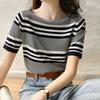 Women Sweaters Pullovers 2025 Summer Short Sleeve O-Neck Striped Knitted Sweater Women Tops Pullove JJ328