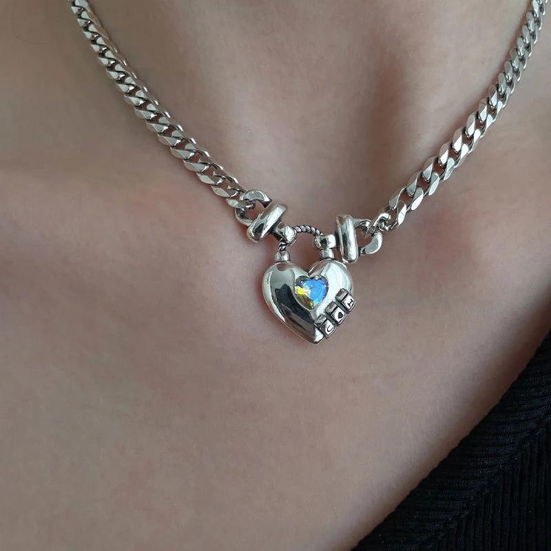 foxanry Stamp Party Necklace for Women Trendy Elegant LOVE Heart Zircon Sweater Necklace Wedding Bride Jewelry