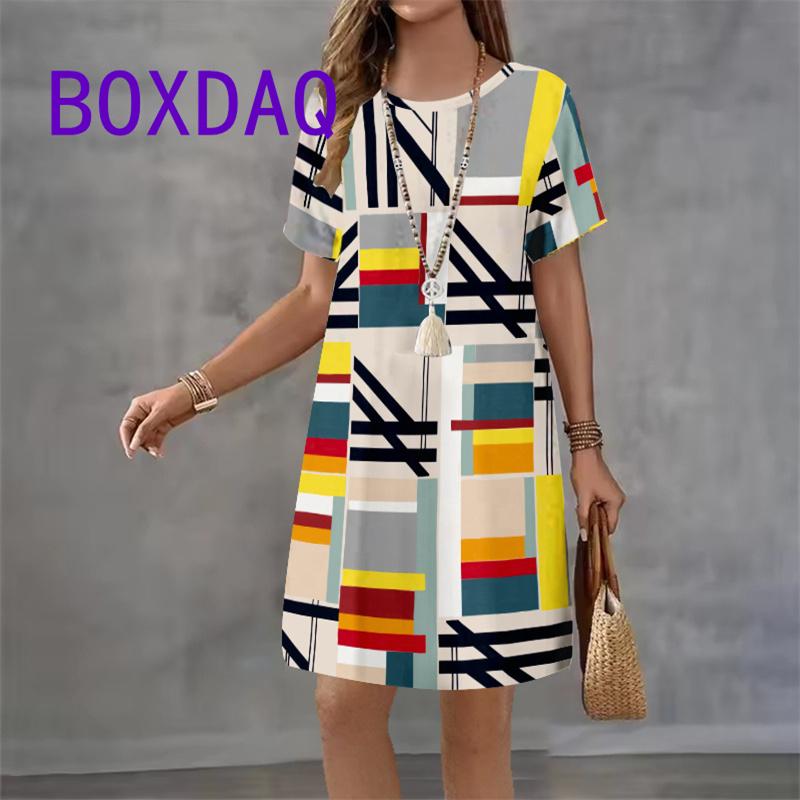 Colorful Geometric Printing Women Fashion Dress Summer Short Sleeve O-Neck Loose A-Line Dress Street Female Large Size Sundress