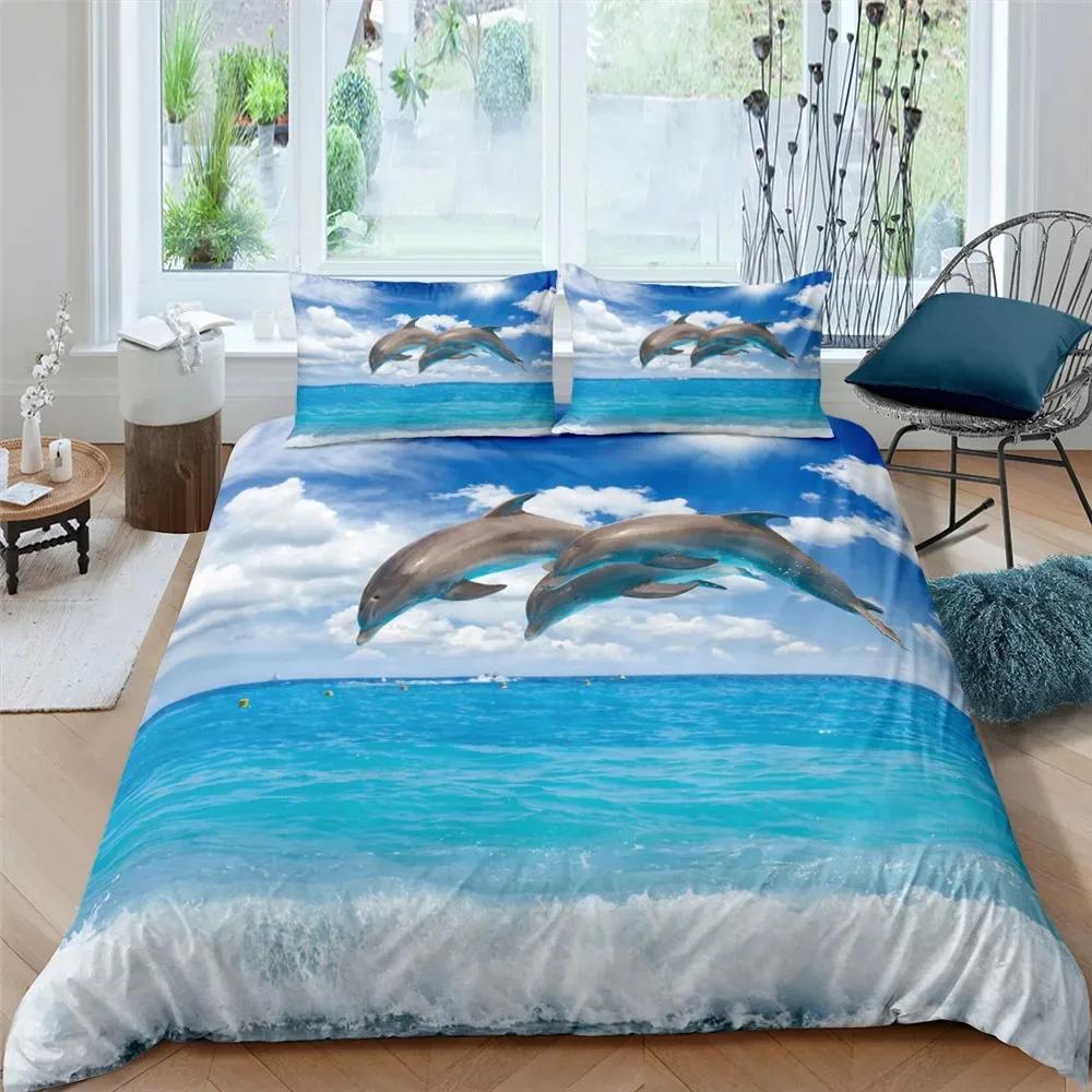 

3D Cute Dolphin Duvet Cover Sets Blue Sea Quilt Covers Comforter Case Set Bed Set Queen Size Drop Ship Animal Bedding Set 70x133cm