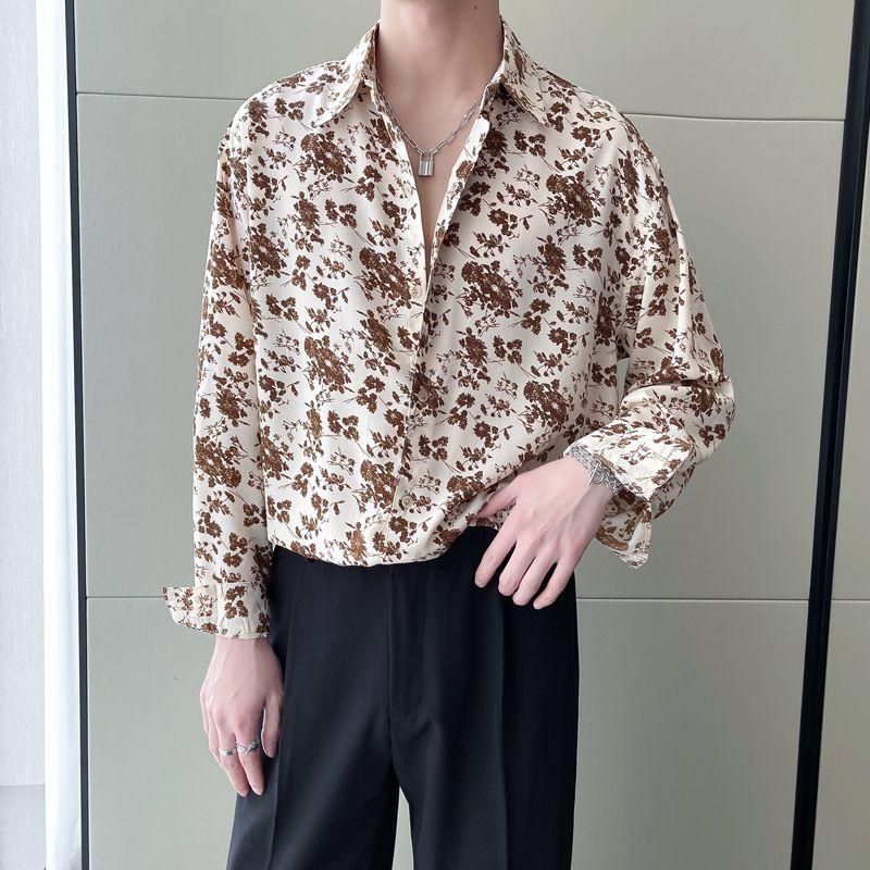 

Printing Shirts Floral Loose Temperament Fashionable Button Man Spring Summer Turn-down Collar Handsome Men s Clothing L коричневый
