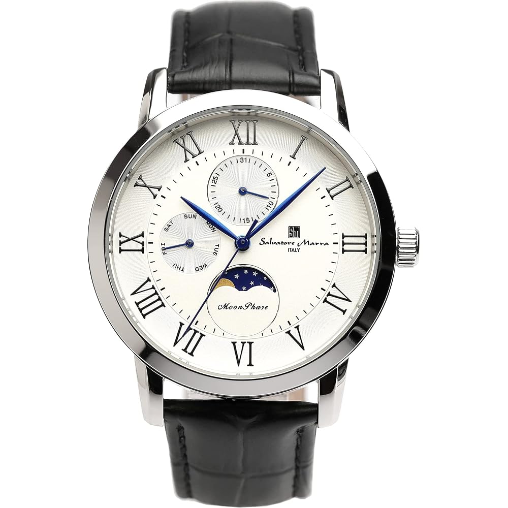 Salvatore Marra Moon Phase Multi-Calendar Men's Watch 5 ATM Water Resistant Leather Strap Silver White