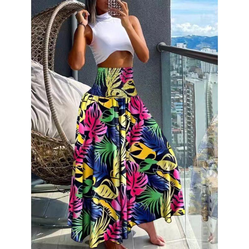 Bohemia Style Plus Size Women's Elastic High Waist Fashion Leaves Geometric Pattern Fashion Skirt Beach Dress