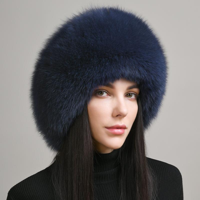 

Hot Sale 100% natural Fox Fur Hat Women Caps Winter Warm Hat Thick Fur Cap Female Fashion For Women Hat With Earmuffs Hats 22.05in-23.23in темно-синього кольору