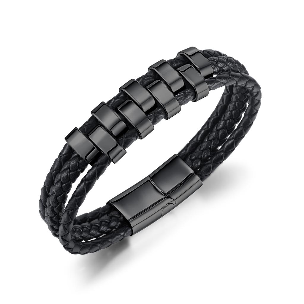 Opk Jewelry Personalized Punk Style Stainless Steel Magnetic Buckle Bracelet Multi-Layer Woven Leather Bracelet Men