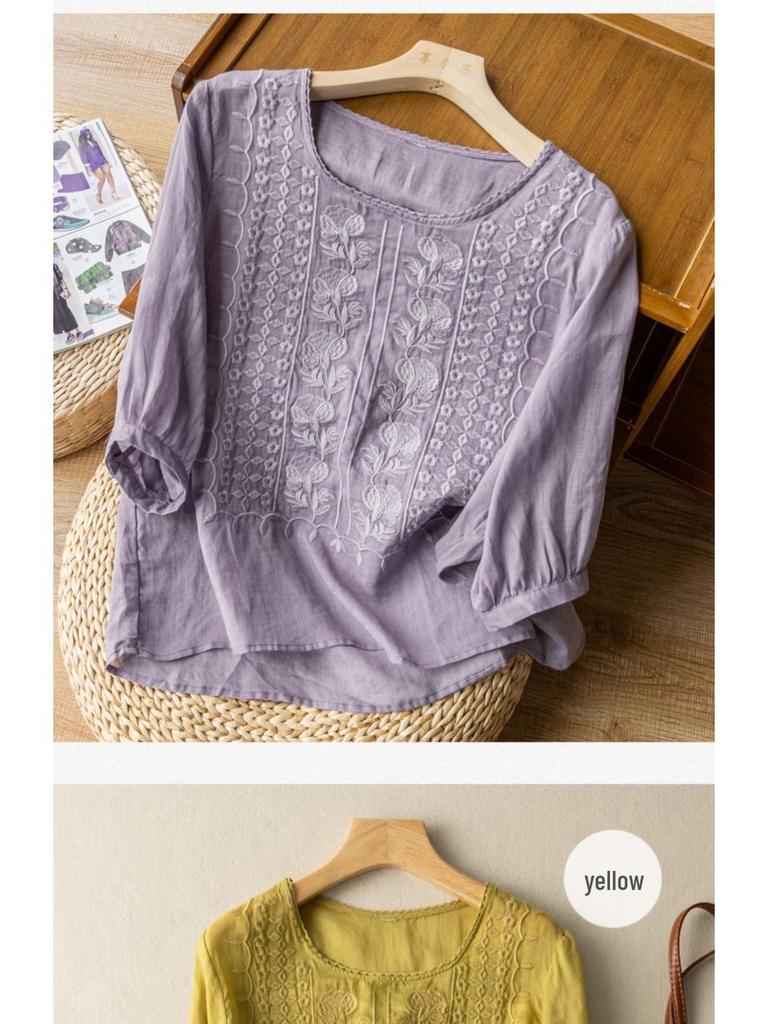 Southeast Asia Thin Noble Embroidery Women's Retro Cotton Linen Short Sleeve T-shirt