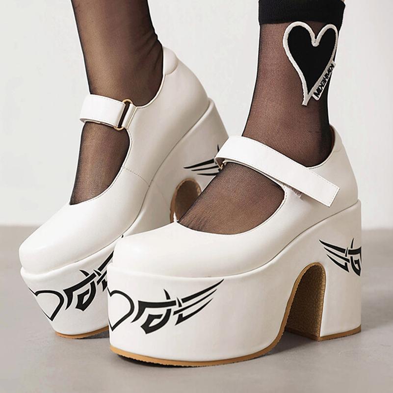 FOREADA Women Pu Leather Pumps Super High Hoof Heels Round Toe Mary Janes Buckle Party Concise Spring Autumn Shoes White Silver