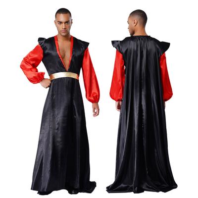 Traje Cosplay de Vilão Árabe com Tema de Halloween para Homens, Decote V Profundo, Mangas Lanternas Longas, Robe de Cetim em Cor Contrastante
