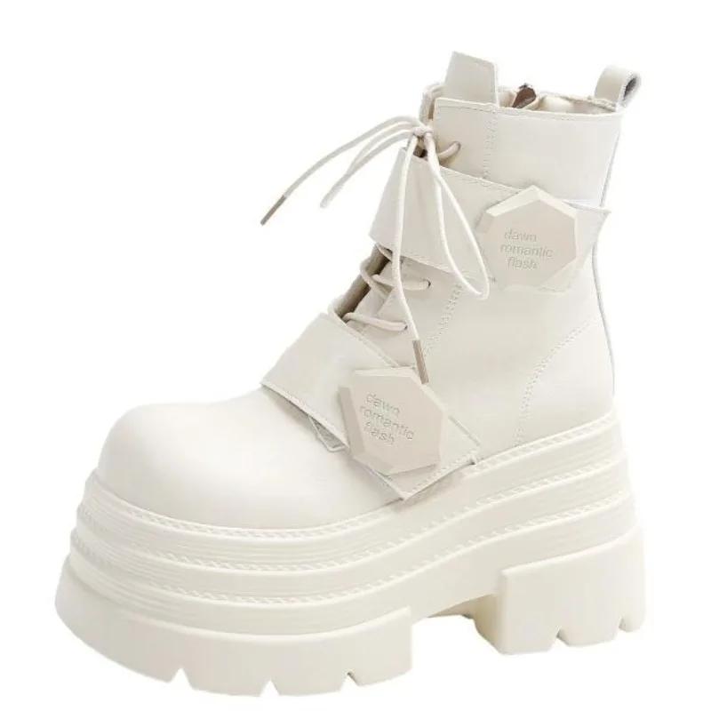 Fashion 10.5CM Winter Women Thick Sole Warm Fur Ankle Boots Platform Leather Motorcycle Boots High Heels Plush Chunky Punk Shoes Woman