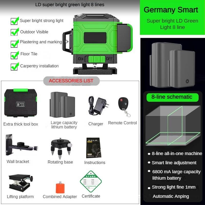 8/12/16 Line Green Laser Level High Precision Infrared Automatic Leveling Instrument Waterproof  Multifunction Measuring Tool Green