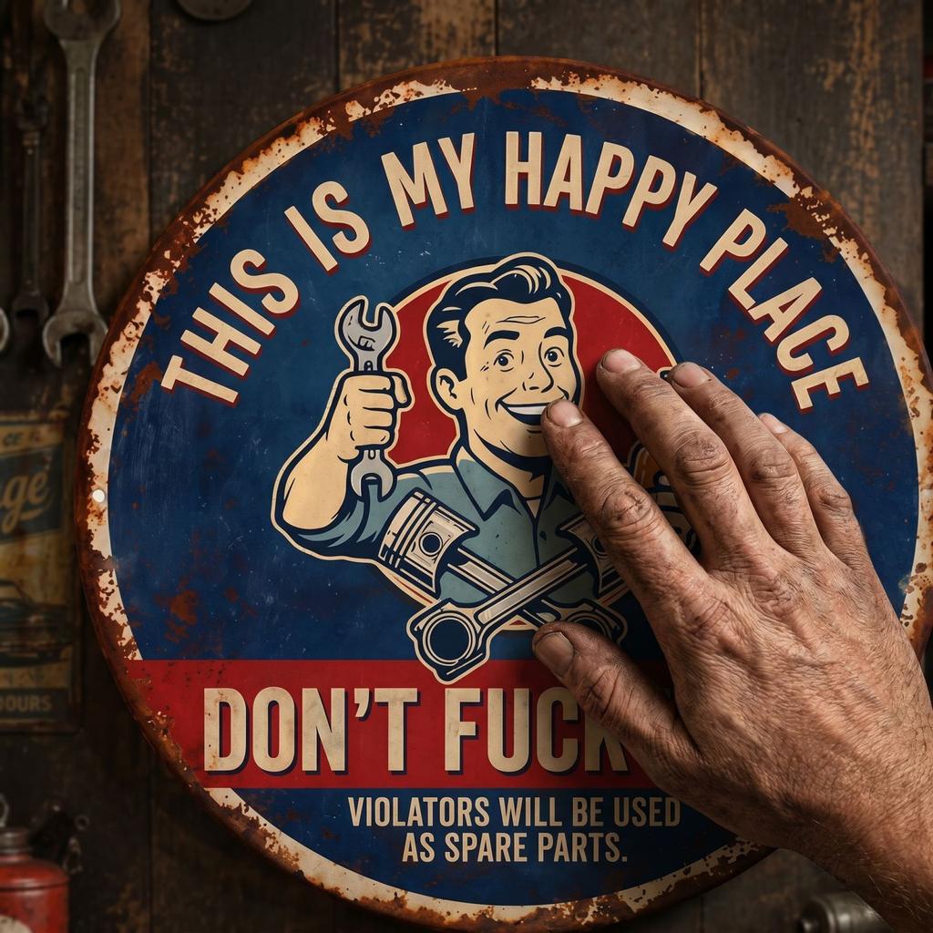 This Is My Happy Place Metal Tin Sign Vintage Garage Decor Round Wall Plaque for Workshop Man Cave or Automotive Space