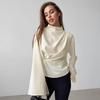 French Style Stand Collar Chiffon Flared Sleeve Pleated Split Shirt