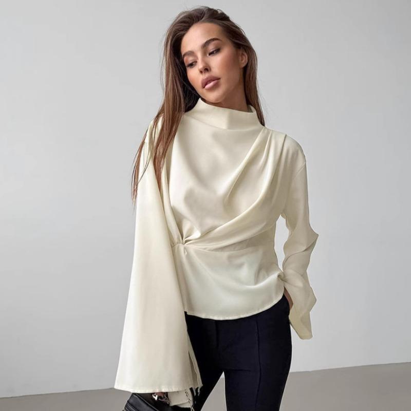 French Style Stand Collar Chiffon Flared Sleeve Pleated Split Shirt