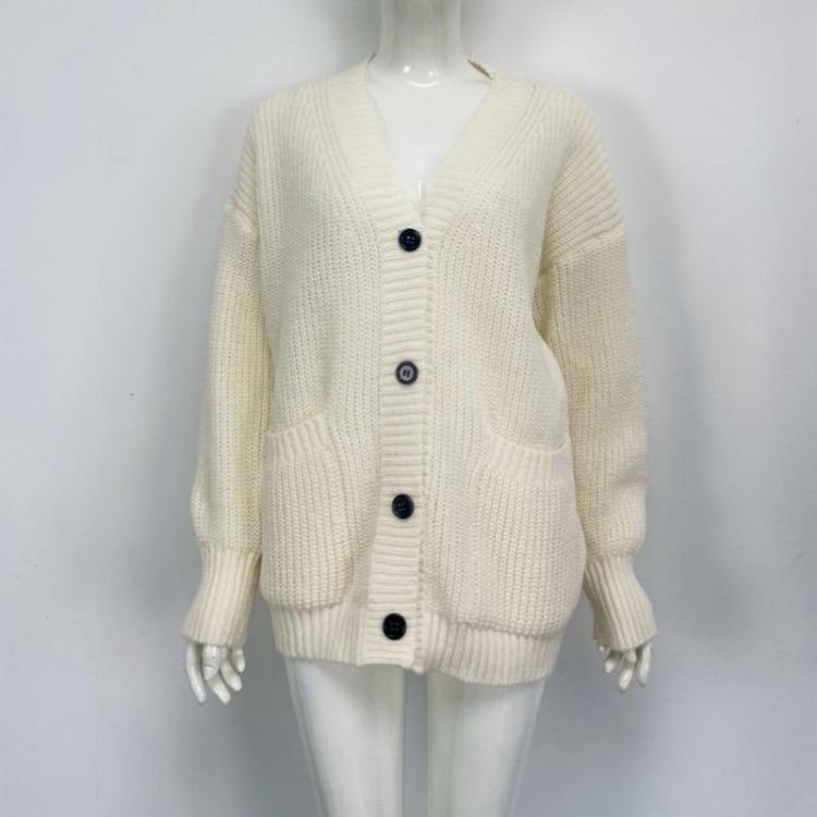 Women's V-neck Solid Color Knitted Cardigan Loose Single-breasted Sweater for Spring and Autumn