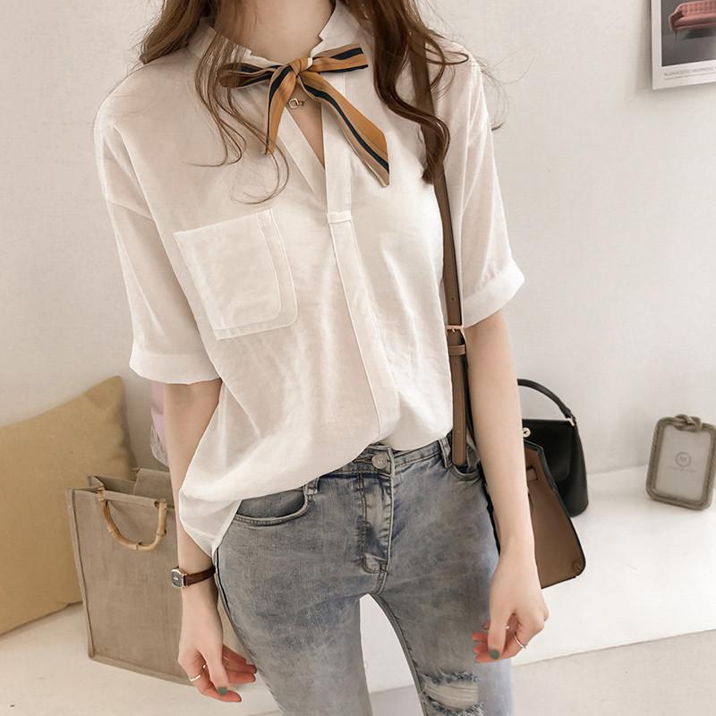 Summer Women s Striped Tie Shirt Women s Short Sleeve Top Loose and Versatile Half Sleeve Shirt M белый