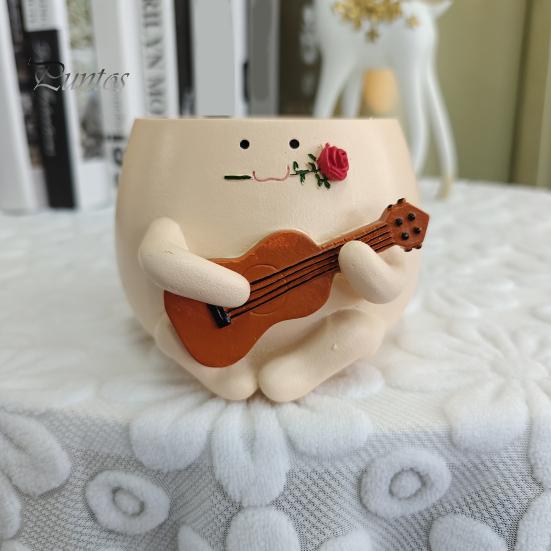 Guitar Smiling Face Planter Pot Resin Ukulele Head Flowerpot Indoor Outdoor Cactus Succulent Plants Container Home Balcony Garden Decoration