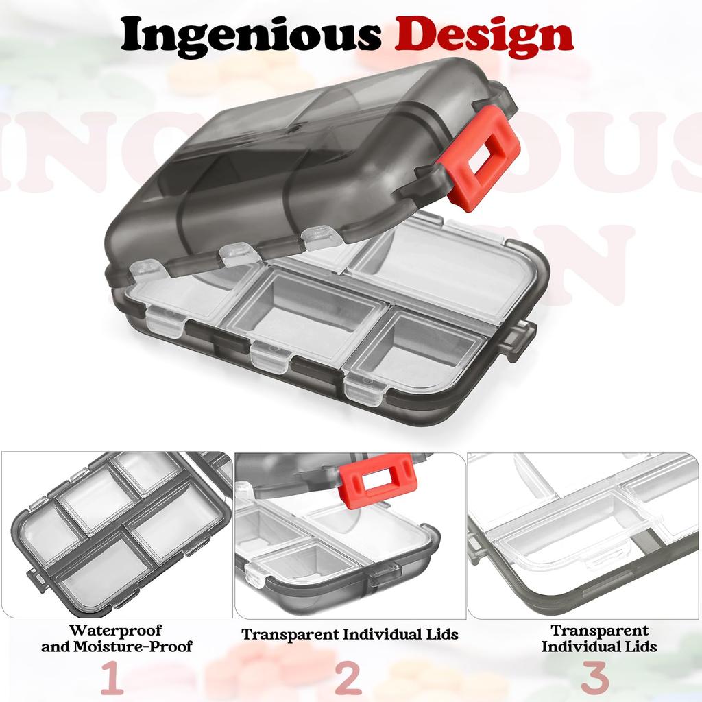 Oravel Pillenbox 10 Fächer Taschenapotheke Tragbarer Täglicher Medikamentenbehälter Etui für Reiseutensilien Wöchentlich