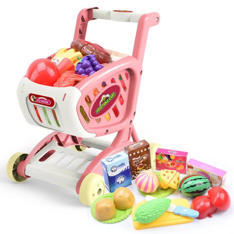 

Children s Educational Toy Set Supermarket Shopping Cart with Trolley Cutting Food Fruit Simulated Play 15PCS Girls Simulation