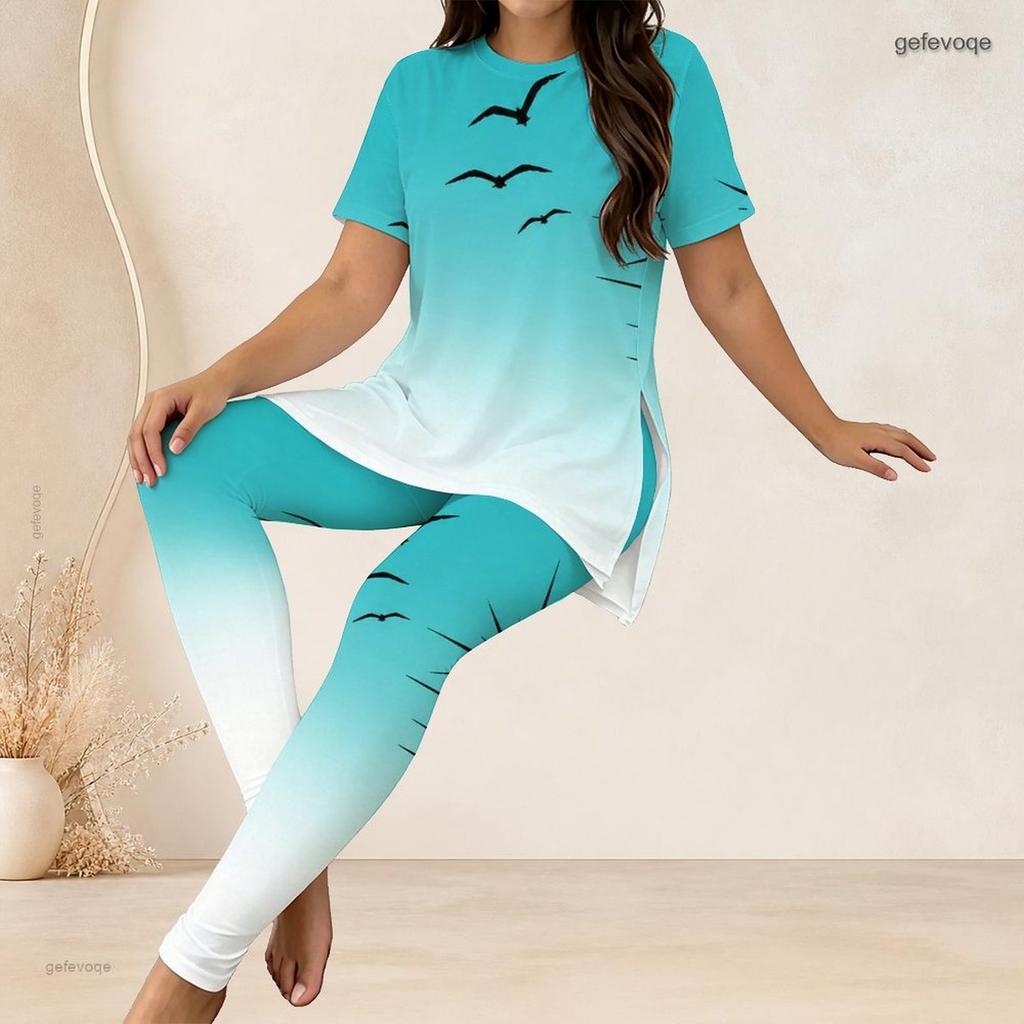 Women Plus Size Round Neck Short Sleeve Gradient Printed Longline Top Fitted Pants Two Piece Set