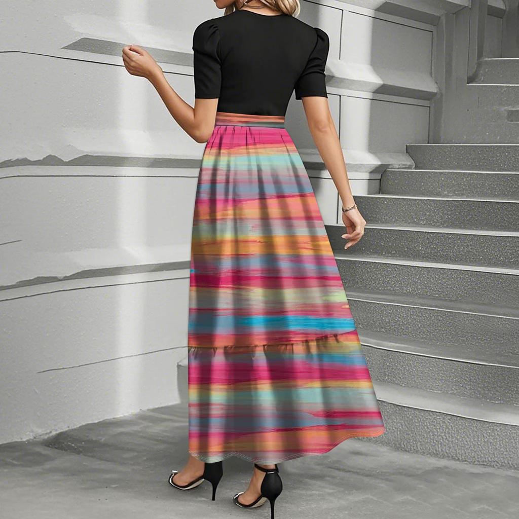 Women's Fashion Casual Belted Short Sleeve Round Neck Geometric Splicing Elegant Temperament Dresses
