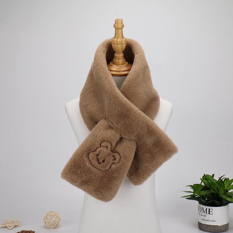 WhyBear Korean-Style Embroidered Plush Scarf for Girls - Winter Warm White Scarf with Bear Design
