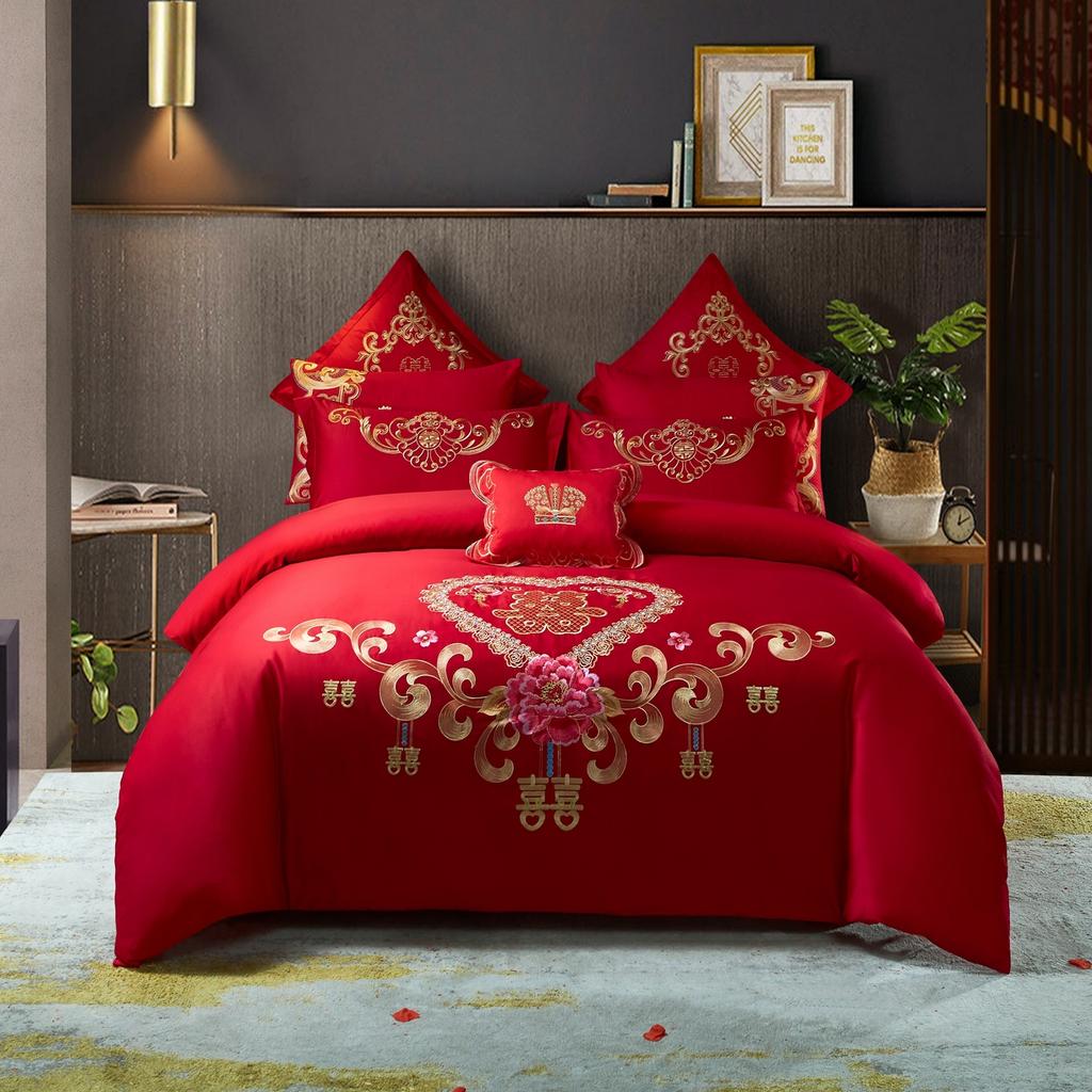 Comforter 100/140Ct Long-Staple Cotton Chinese-Style Wedding Festive 4-Pcs A Witness To Marriage And Love Home Decoration