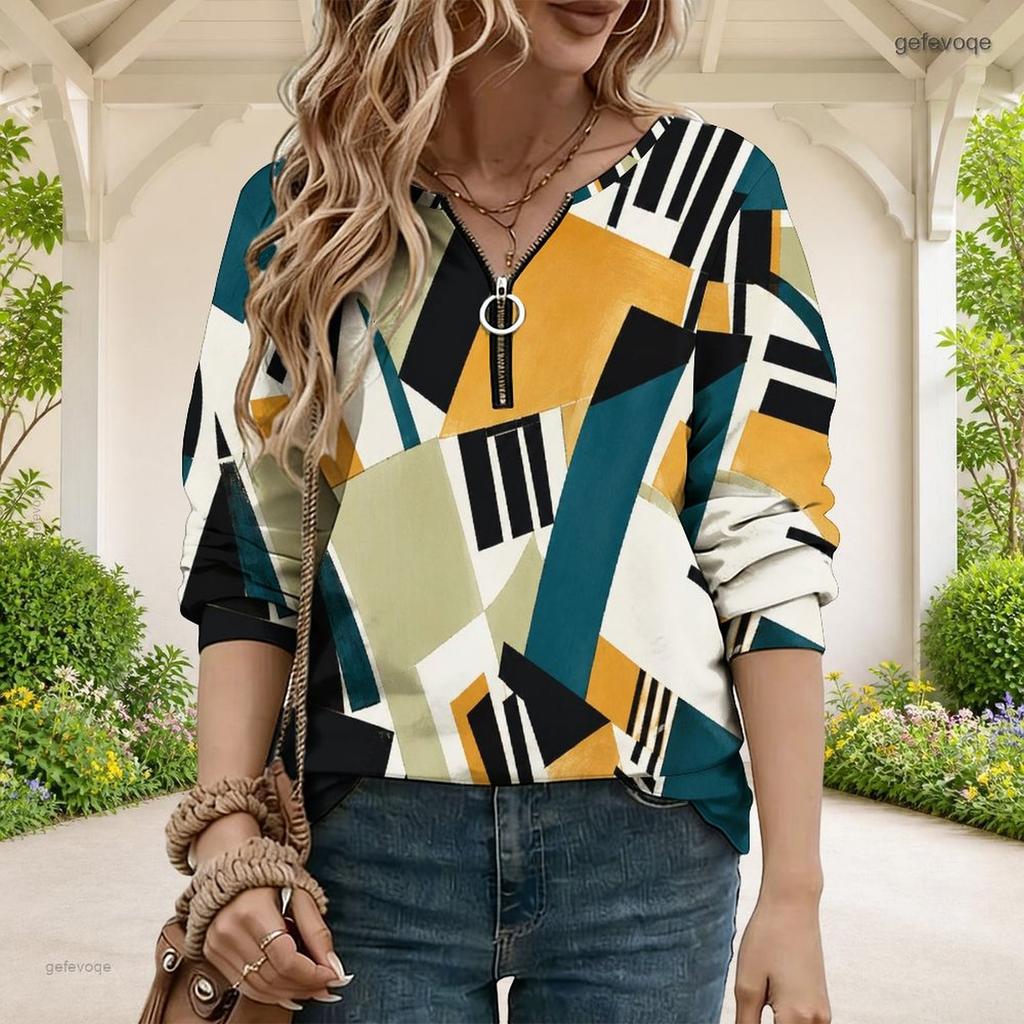 Women Plus Size Abstract Geometric Printed V Neck Half Sleeve Zip Sweatshirt