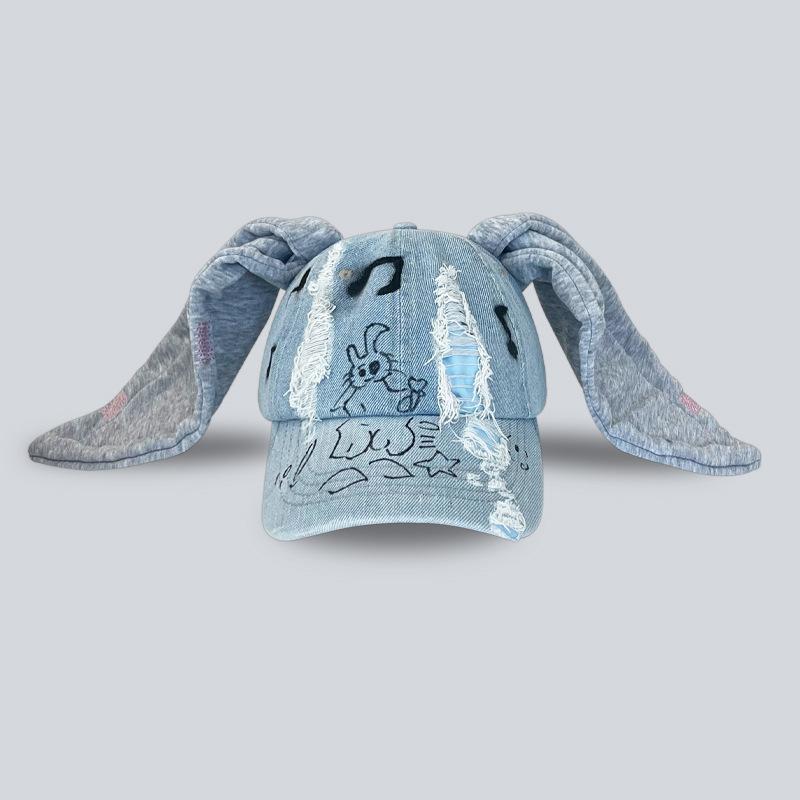 Casquette de baseball en jean déchiré à oreilles de lapin, style niche, pour hommes et femmes, personnalité sombre, anneau métallique, tendance de rue, chapeau de sport réglable (as the picture,One Size)