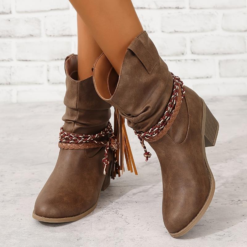 Chic Brown Faux Cover Ankle Boots with Tassel Detail - Chunky Heel, Zipper Closure,Comfortable Fabric Lining