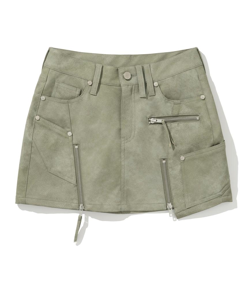 NOT4NERD W Vintage Leather Zipper Mini Skirt - Light Khaki