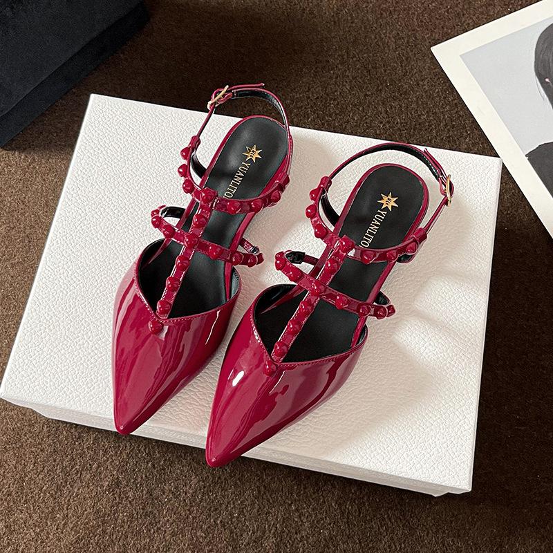 Warren 2025 Autumn and Summer New Fashion Bag Head Sandals Women's Temperament Rivet Trip Strap Pointed Single Shoes Women's Summer Wear