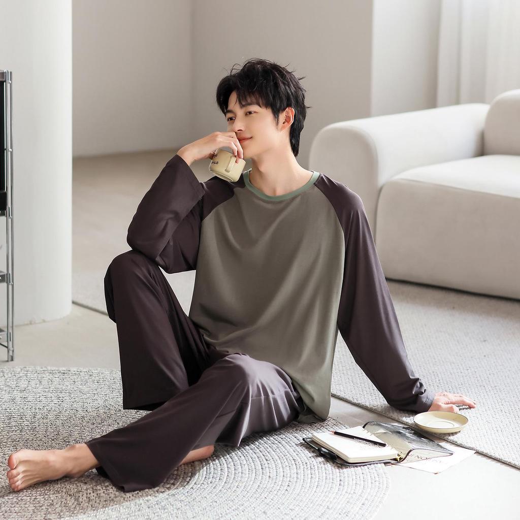 Men's Color Block Modal Pajama Set - Long Sleeve Round Neck for Stylish Spring and Autumn Wear