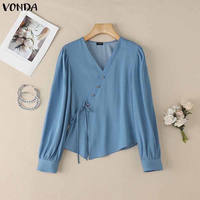 VONDA Women V-Neck Long Sleeve Lace-up Irregular Solid Color Casual Blouse