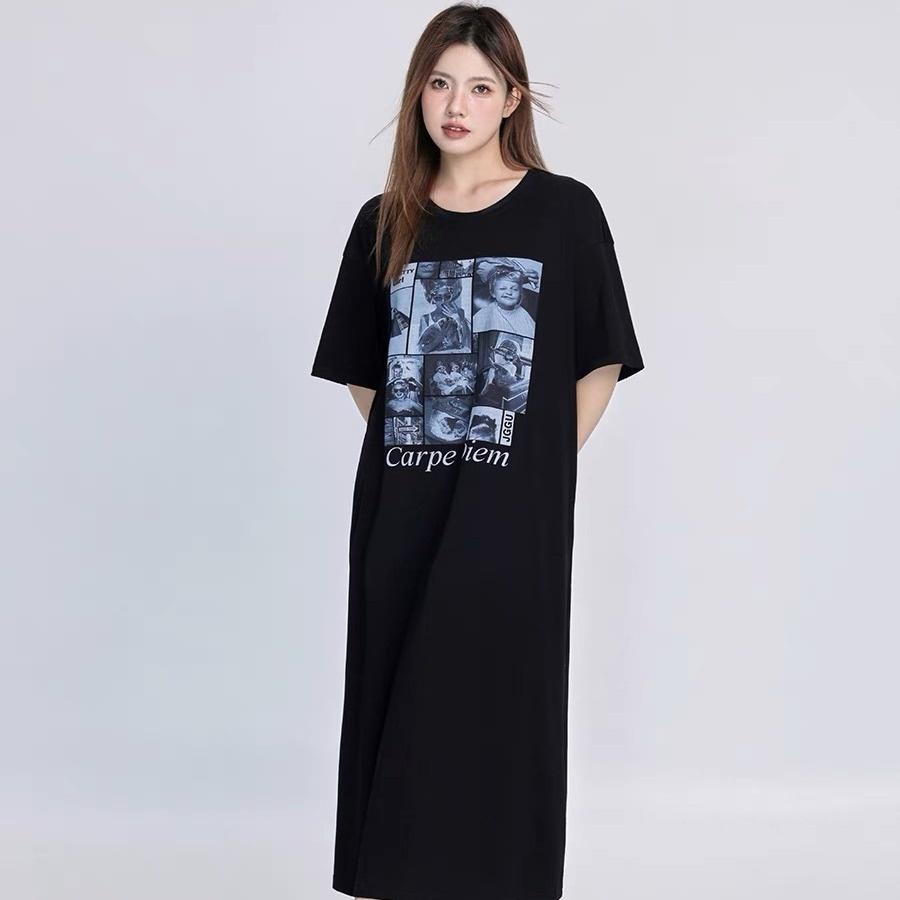 Loose-fitting Large-sized Women's Round-neck Short-sleeved T-shirt Dress, Long Laid-back Style Dress, Knee-length Sleeping Dress