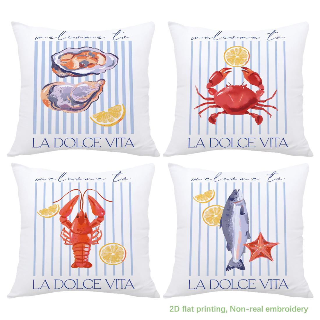 4Pcs, Blue and White Striped Watercolor Red Crab and Lobster Pattern Pillow Covers, Single-Sided, Zipper Closure, Washable Polyester 4PCS