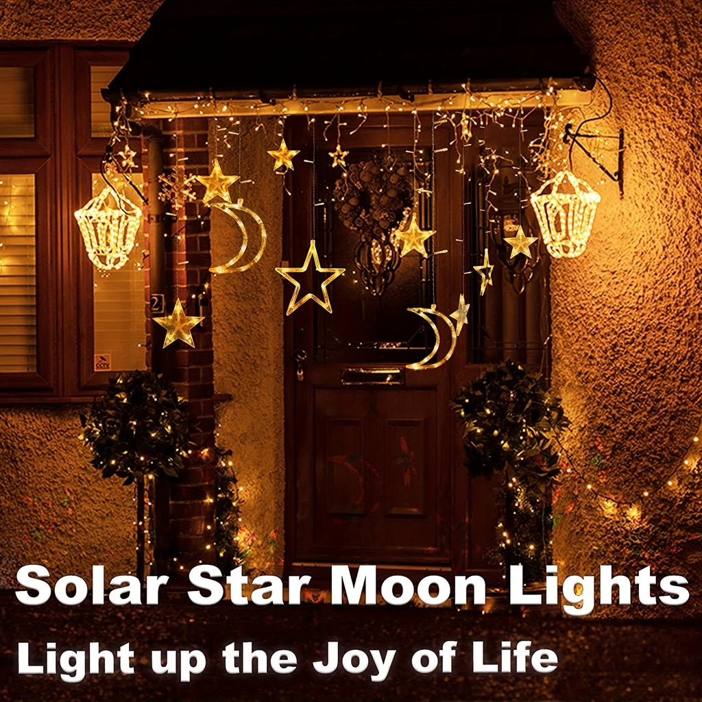 1PC Solar Star Moon String Lights 8 Modes Warm White Outdoor Hanging LED Curtain Light for Garden Tent Christmas Ramadan Decor