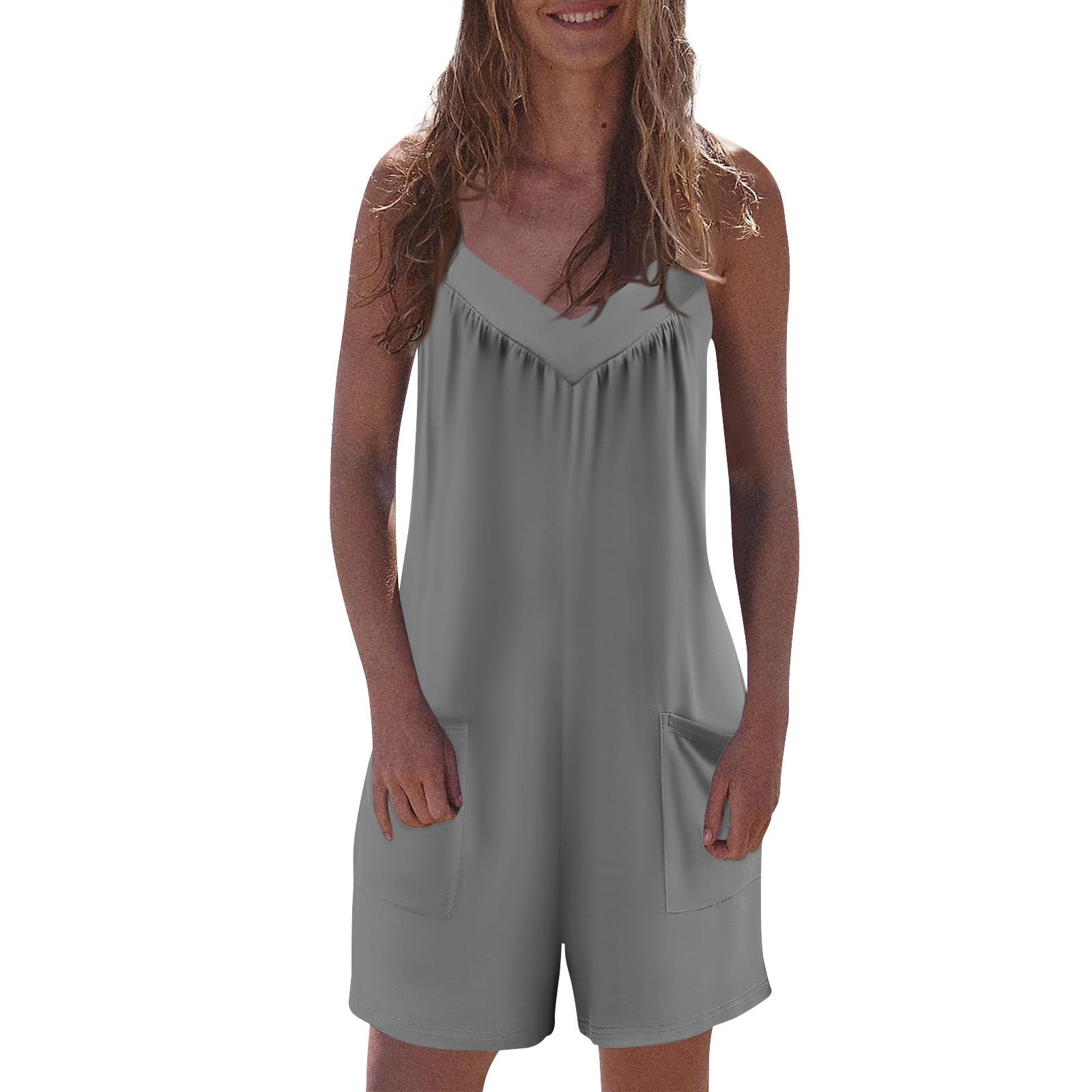 

Женский модный повседневный свободный однотонный комбинезон без рукавов с v-образным вырезом и карманами XXXL серый