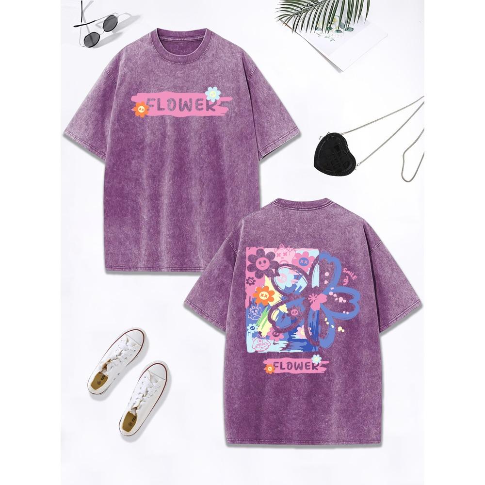 Flower Creative Graffiti Prints Washed T-Shirt Women Cotton Oversized Tops Comfortable Distressed O-Neck T Shirt  Clothes